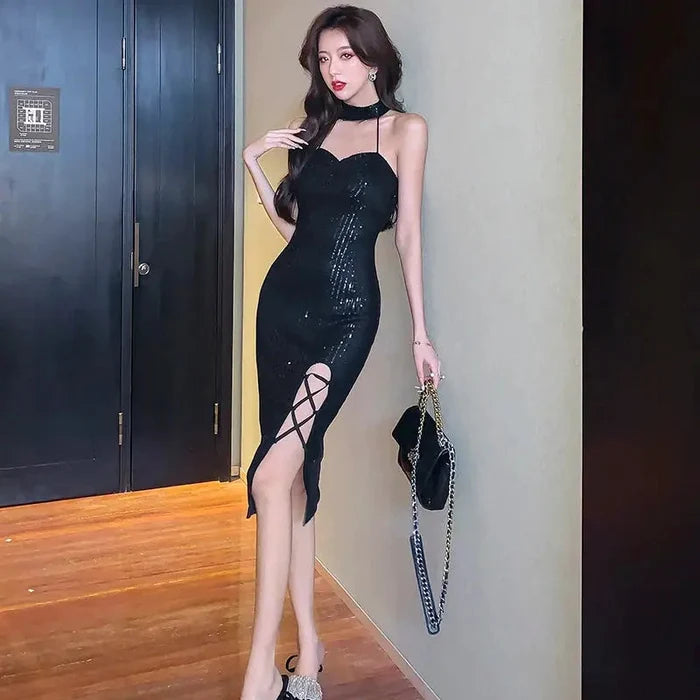 Sequin Lace Up Black Dress fashionnsio