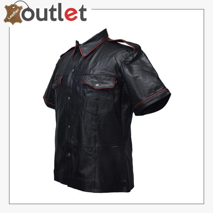 Handmade Mens Real Leather Black Police Shirt for Sale