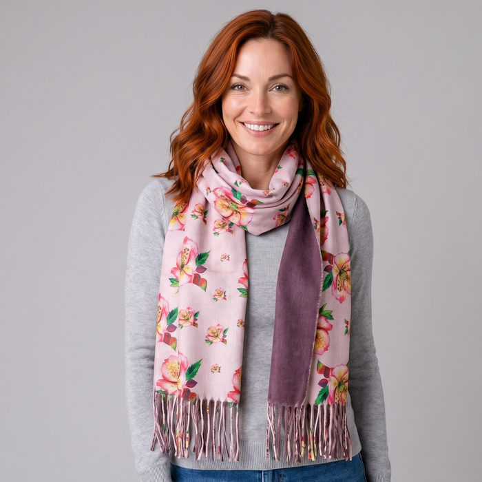 Woman wearing a floral scarf on a gray background