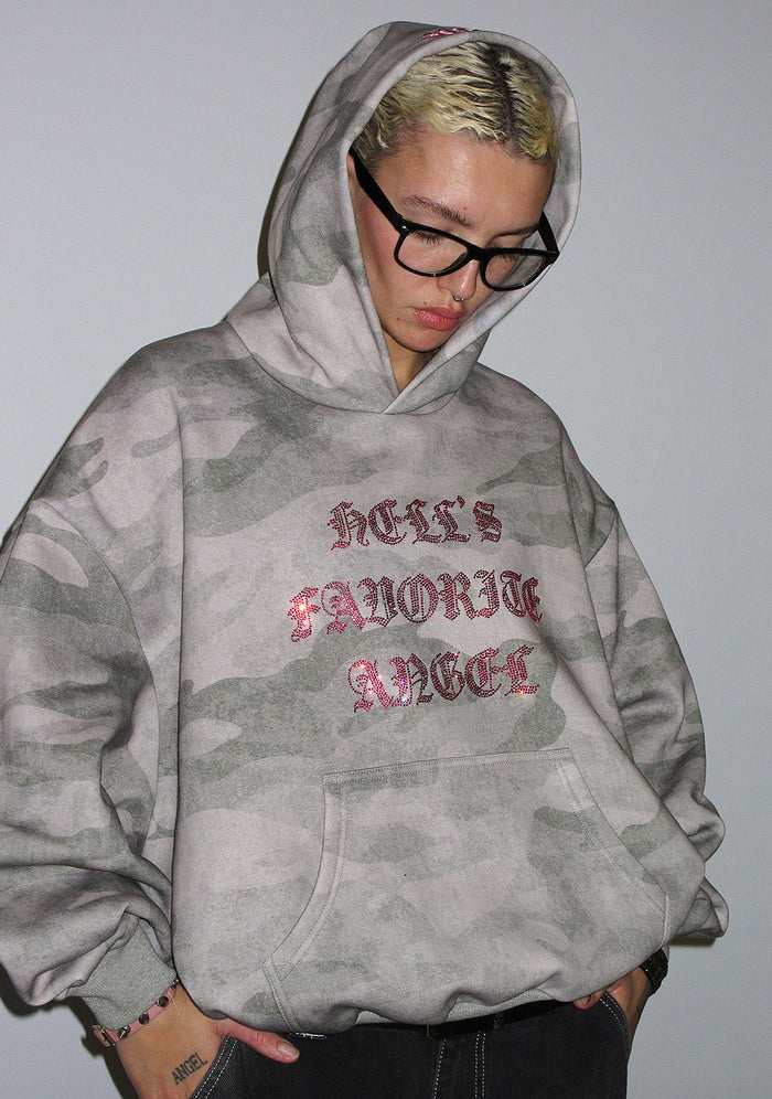 HELL'S FAVORITE RHINESTONE PULLOVER HOODIE CAMO