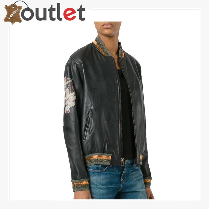 High Quality Black Leather Bomber Jacket