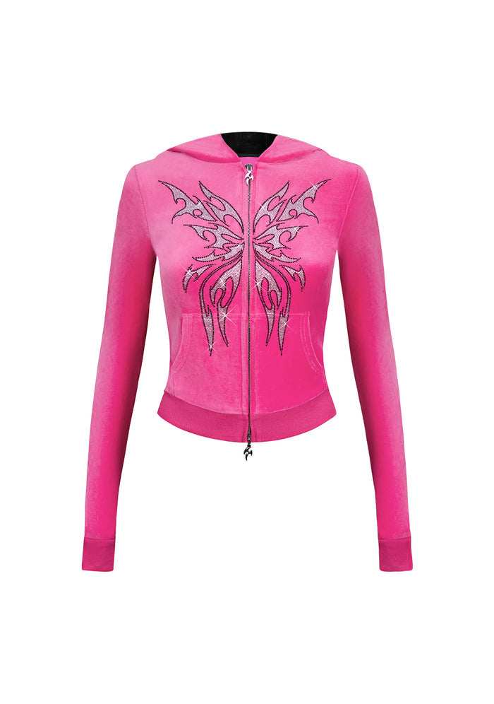 IDOL RHINESTONE VELOUR FITTED ZIP HOODIE HOT PINK