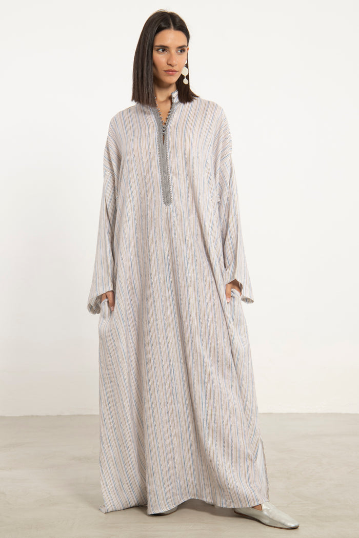 Jawad Linen Ivory & Blue Jellaba