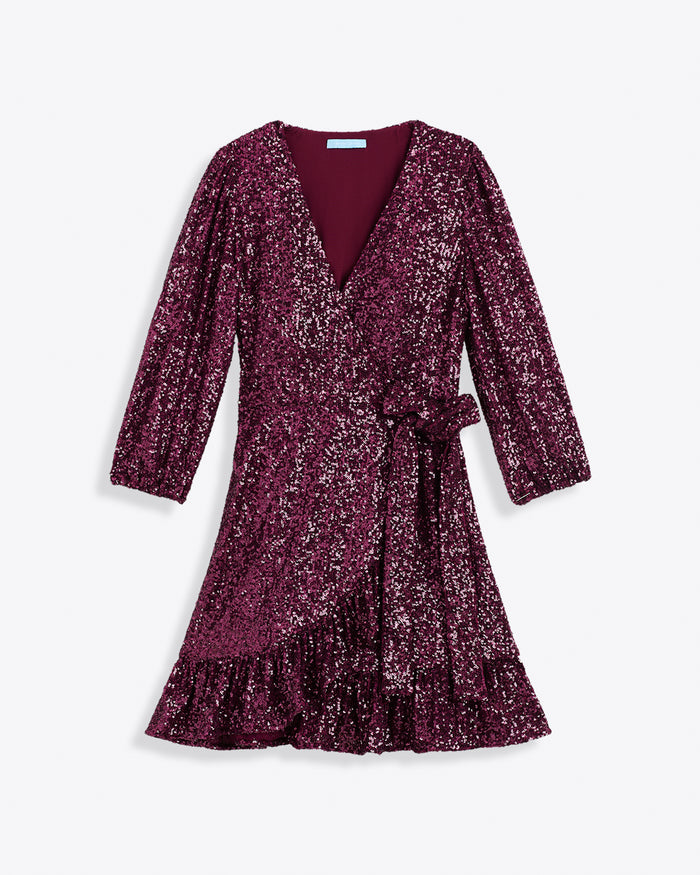 Jordan Long-Sleeve Wrap Dress in Sequins