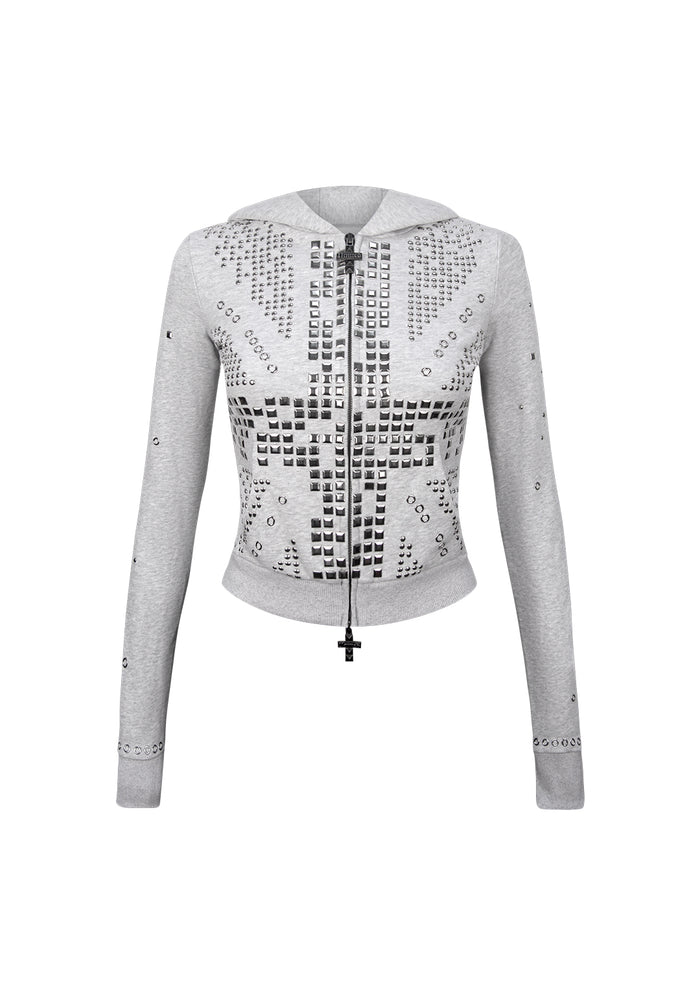 KNIGHT STUDDED FITTED HOODIE GREY MARL