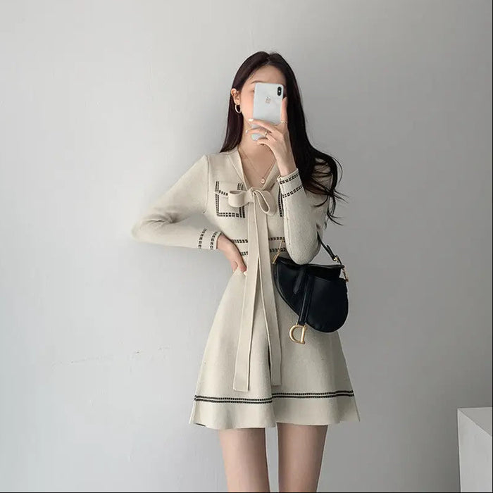 Knitted Lace up Bow Dress fashionnsio