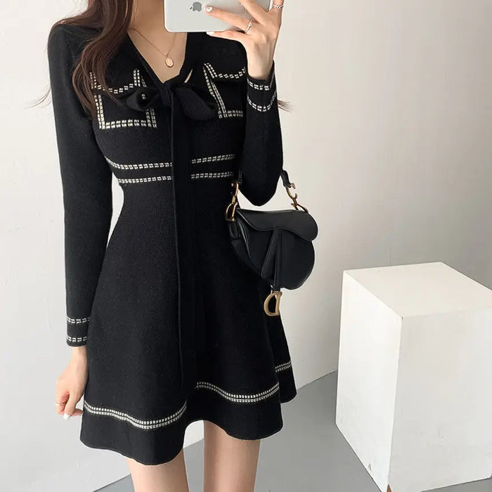 Knitted Lace up Bow Dress fashionnsio