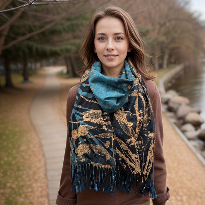 Kursi - Golden Leaf Pashmina Style Scarf (70x180cm) - Teal