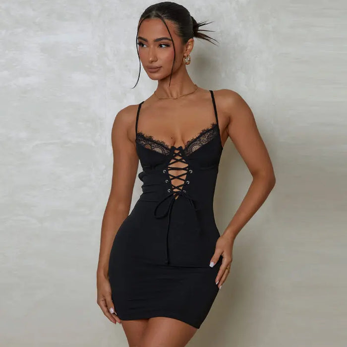 Lace Up Black Mini Dress fashionnsio