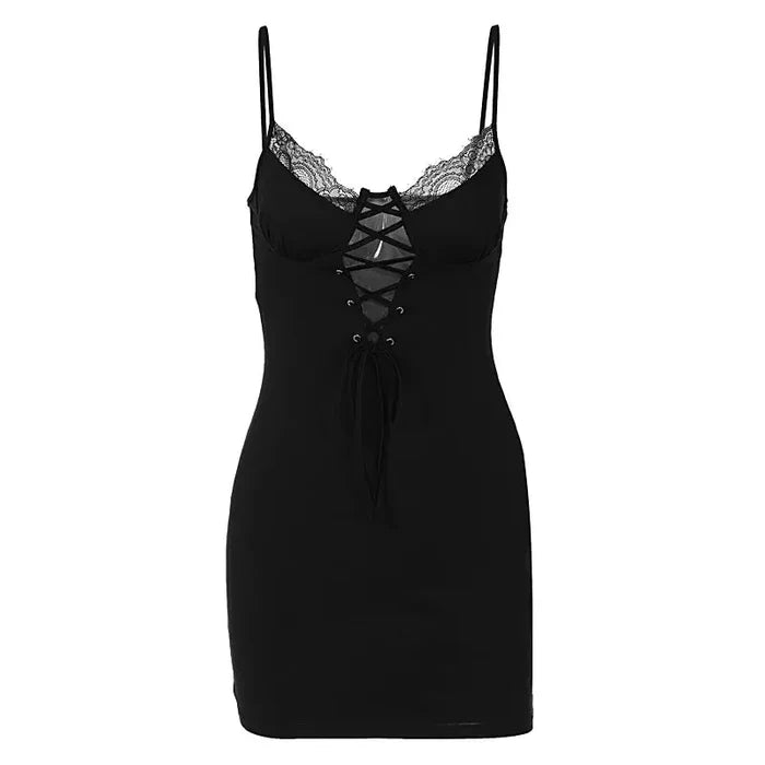 Lace Up Black Mini Dress fashionnsio