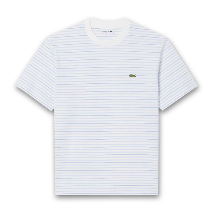 Lacoste - Striped Classic Fit Cotton T-Shirt in White/Blue - Nigel Clare