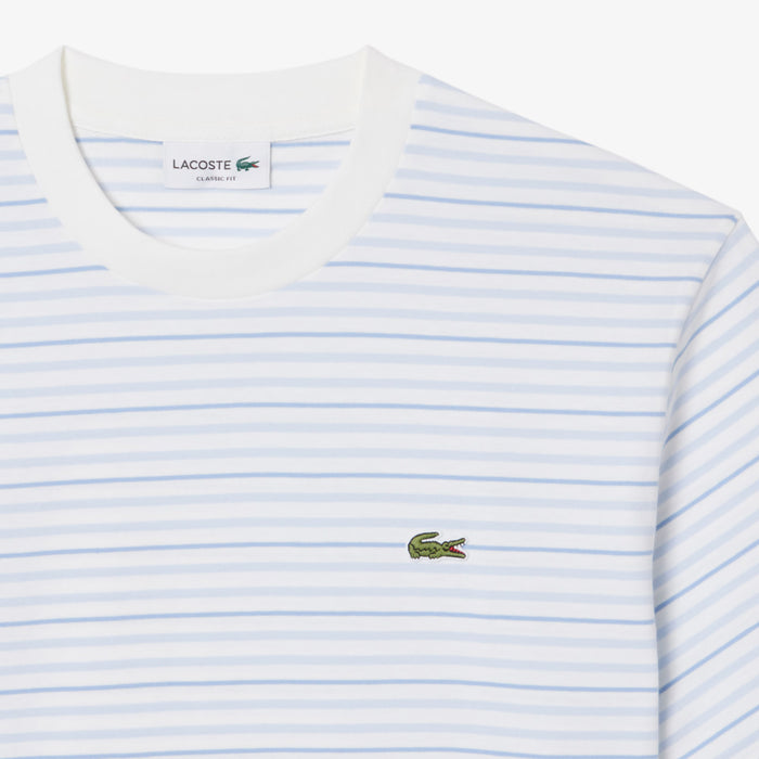 Lacoste - Striped Classic Fit Cotton T-Shirt in White/Blue - Nigel Clare