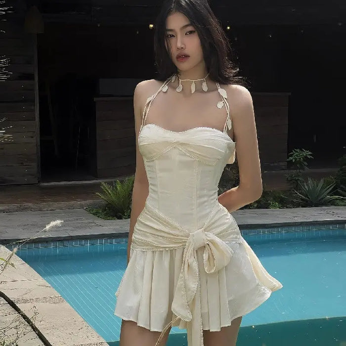 Bow Corset Leaf Neck Dress fashionnsio