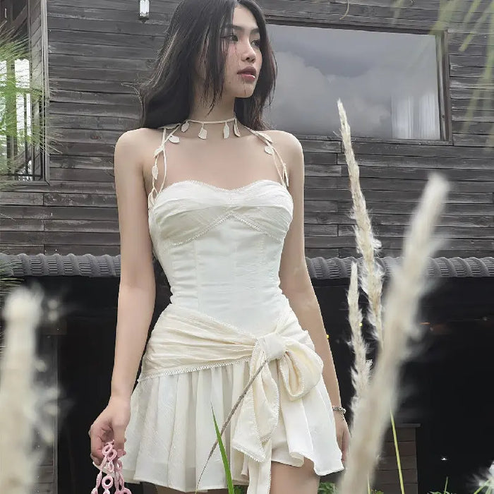 Bow Corset Leaf Neck Dress fashionnsio