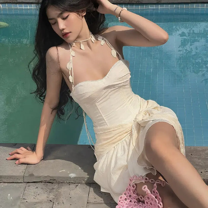 Bow Corset Leaf Neck Dress fashionnsio