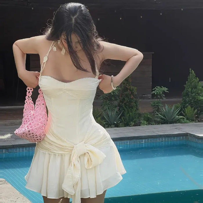 Bow Corset Leaf Neck Dress fashionnsio