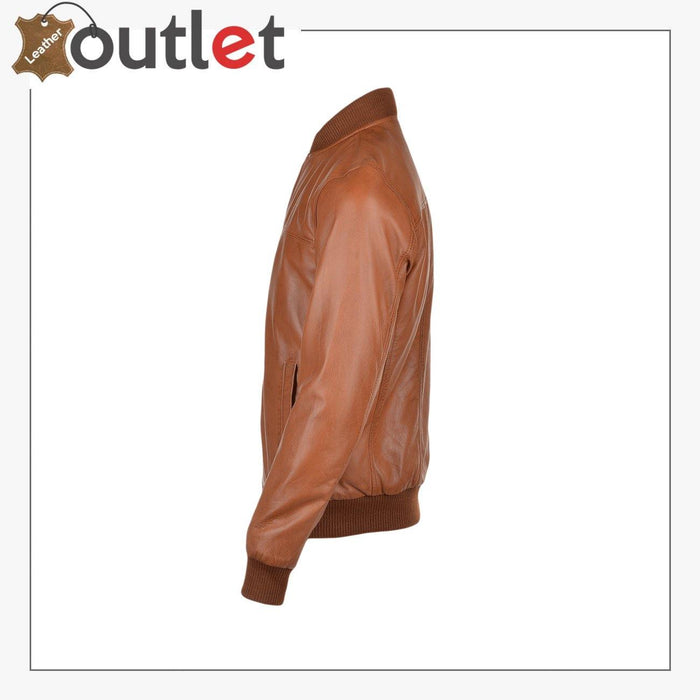 Light Brown Leather Bomber Jacket - Leather Outlet