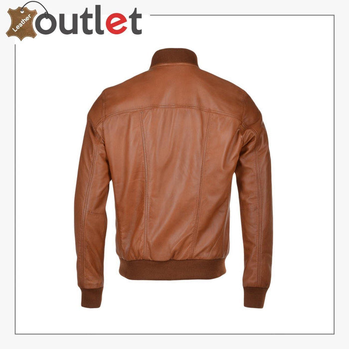 Light Brown Leather Bomber Jacket - Leather Outlet