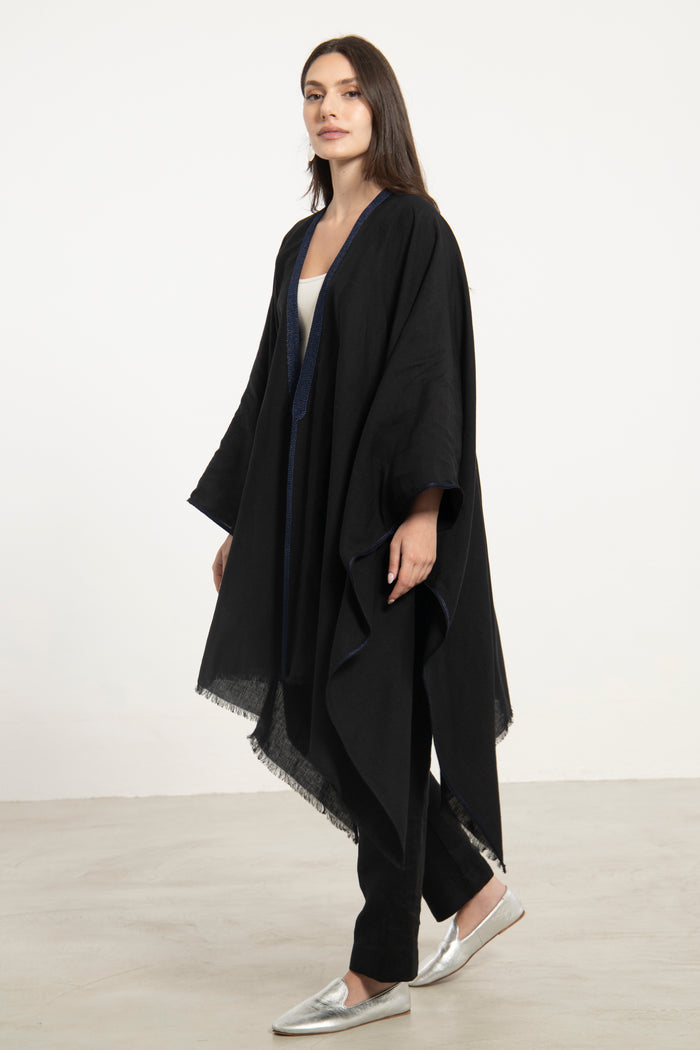 Linen Black & Blue Poncho