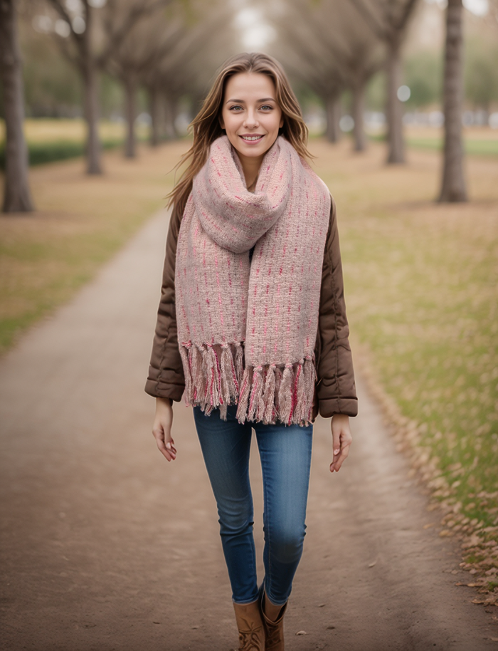 Lipah - Ribbons Knitted Scarf (40x180cm) - Pink