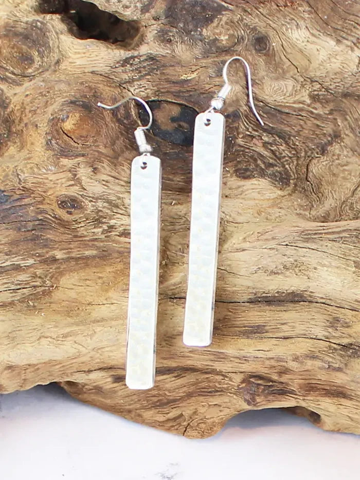 Long Rectangular Beaten Earrings Silver
