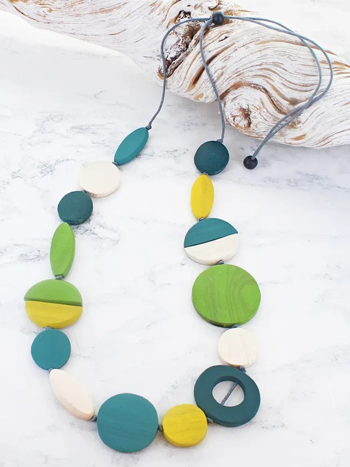 Long Wooden Mixed Shape Necklace Green