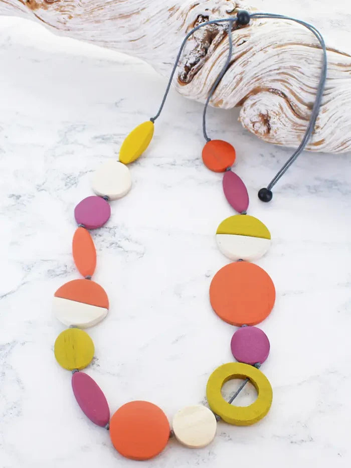 Long Wooden Mixed Shape Necklace Purple
