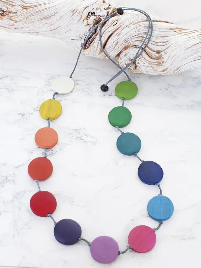 Long Wooden Rainbow Disc Necklace