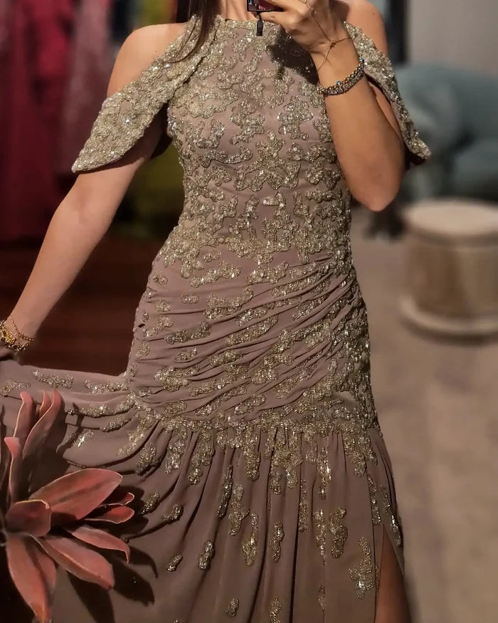 Luxury Mauve Off Shoulder Beaded Evening Dress SS559