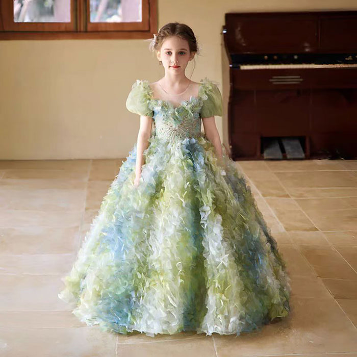 Luxury Sage Green Lace Beading Flower Girl Dress D323