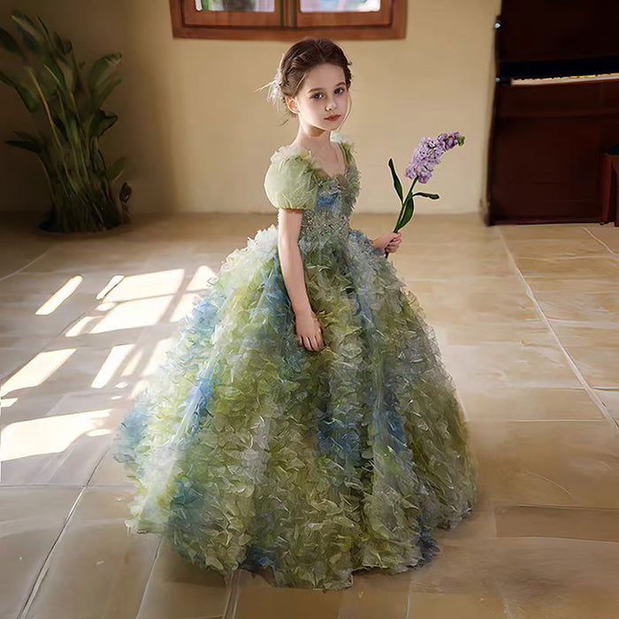 Luxury Sage Green Lace Beading Flower Girl Dress D323