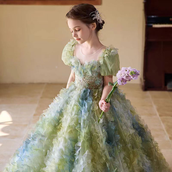 Luxury Sage Green Lace Beading Flower Girl Dress D323