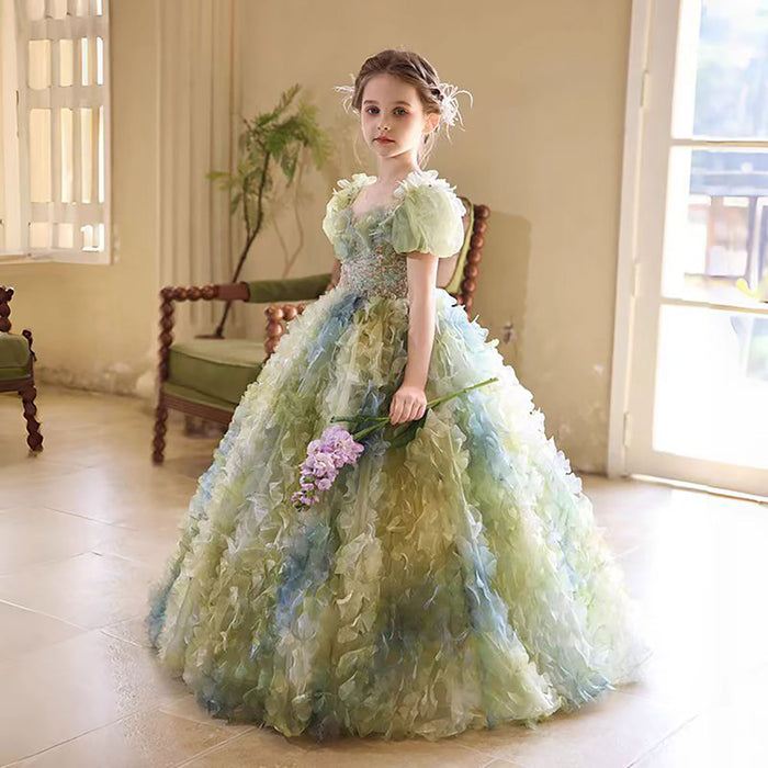 Luxury Sage Green Lace Beading Flower Girl Dress D323