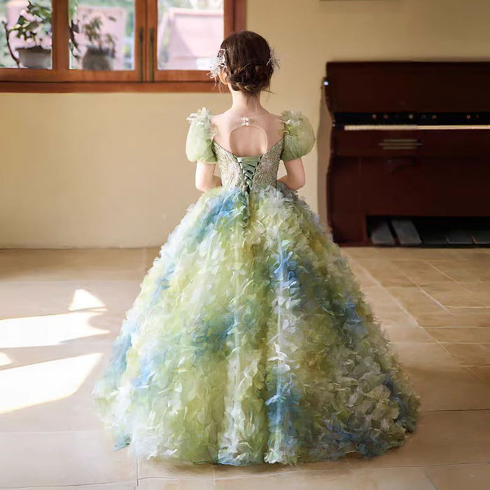 Luxury Sage Green Lace Beading Flower Girl Dress D323