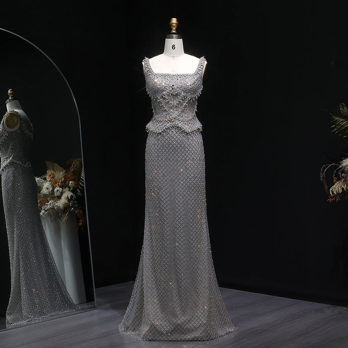 Luxury Silver Grey Evening Dress with Crystal Beading SS631