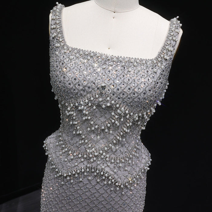 Luxury Silver Grey Evening Dress with Crystal Beading SS631