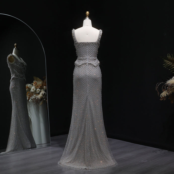 Luxury Silver Grey Evening Dress with Crystal Beading SS631