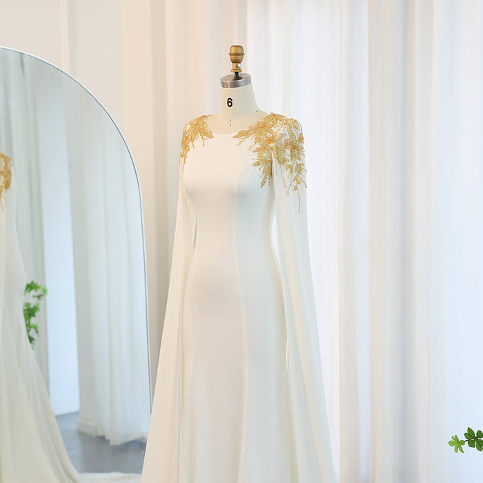 Luxury White Mermaid Gown with Flowing Cape Sleeves SF284