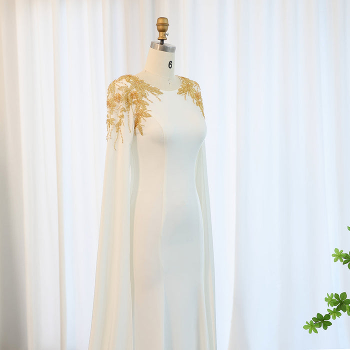 Luxury White Mermaid Gown with Flowing Cape Sleeves SF284