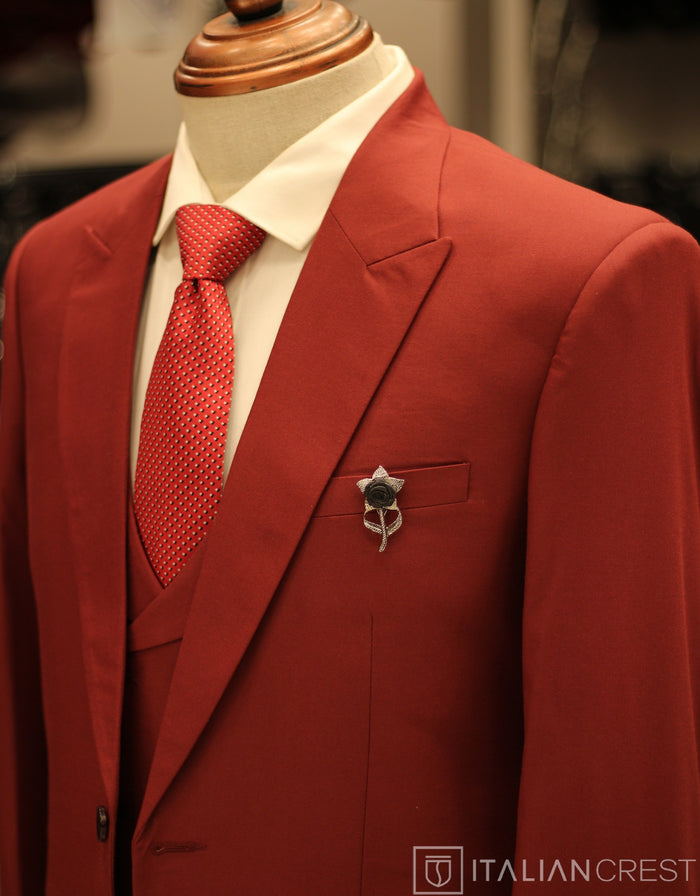 Maroon 3-Piece Peak Lapel Suit