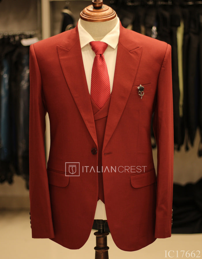 Maroon 3-Piece Peak Lapel Suit