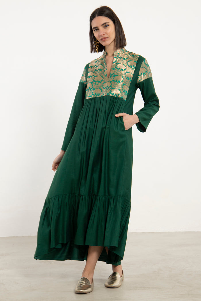 Mayada Silk & Silk Brocade Green Dress