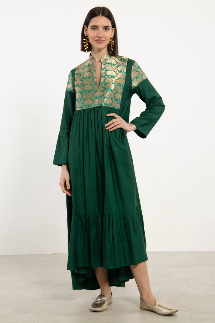Mayada Silk & Silk Brocade Green Dress