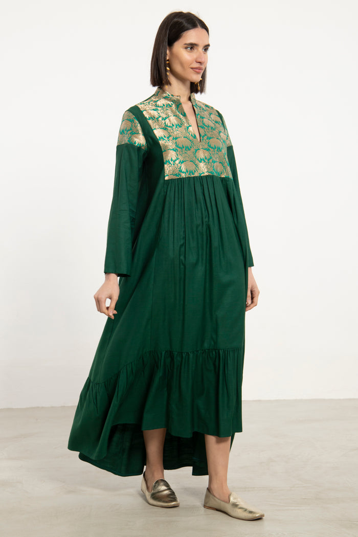 Mayada Silk & Silk Brocade Green Dress