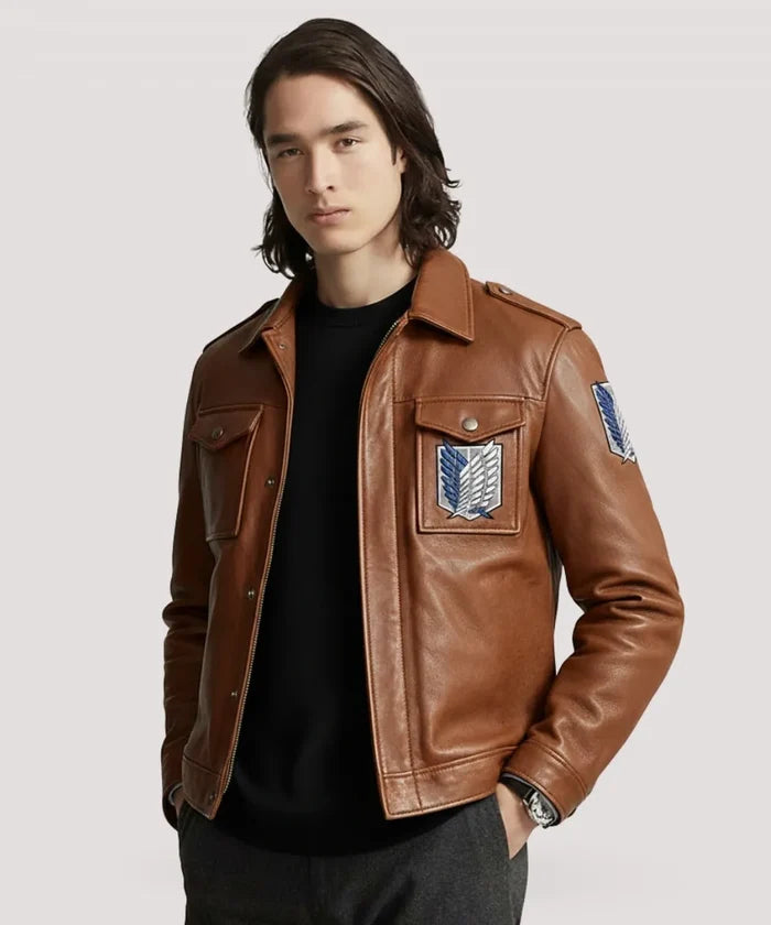 Attack on Titan Jacket for Men – Brown Leather Bomber Style