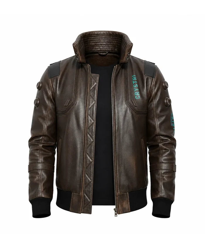 A dark brown faux-leather bomber jacket with a high collar, black ribbed cuffs and hem, and teal text graphics reading 'CRYSTAL' on the chest and sleeve, shown on a white background.