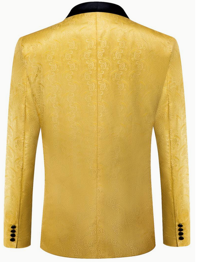 Men's Luxury Golden Embellished Tuxedo Blazer with Black Shawl Lapel & Bow Tie -XX-4016
