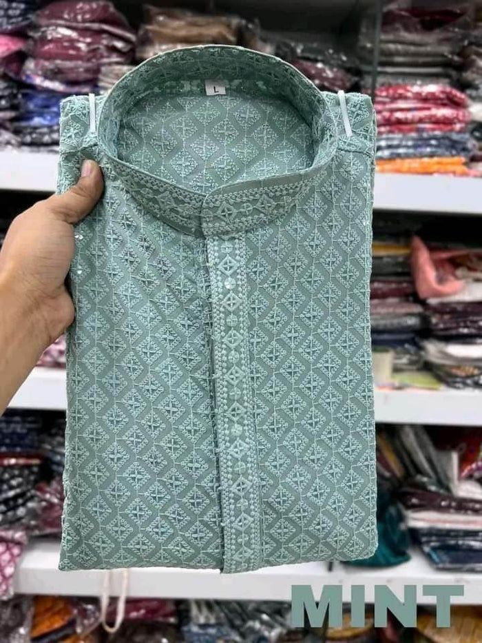 Men's Sky Blue Strap Kurta - Dubai Offers Today