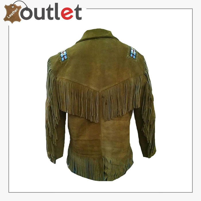 Mens Western Cowboy Fringed and Beaded Brown Jacket