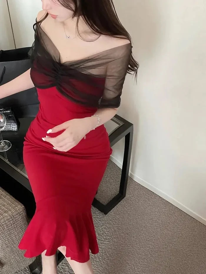 Mesh Off Shoulder Mermaid Dress fashionnsio